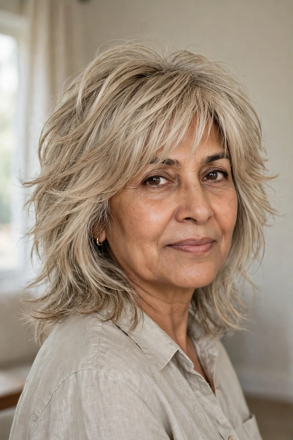 Wispy layered shag in ash blonde on a woman over 50