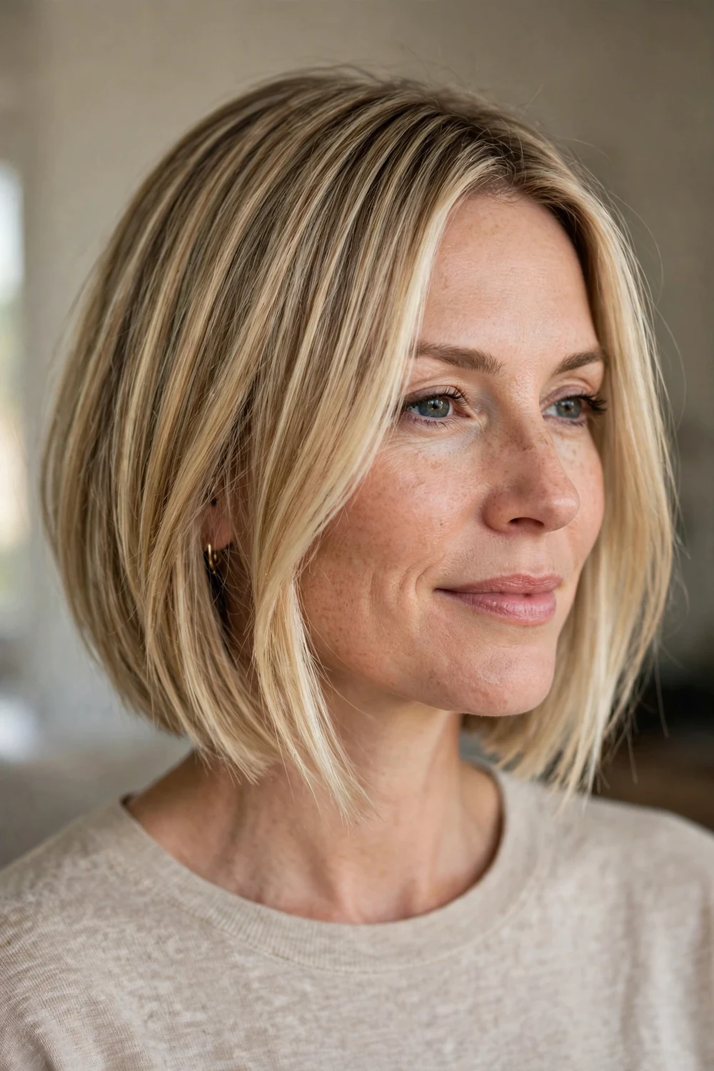 A-line bob with blonde highlights adding dimension