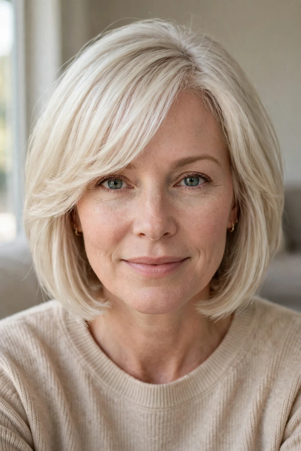 Older woman with platinum blonde hair in a layered bob with side-swept bangs