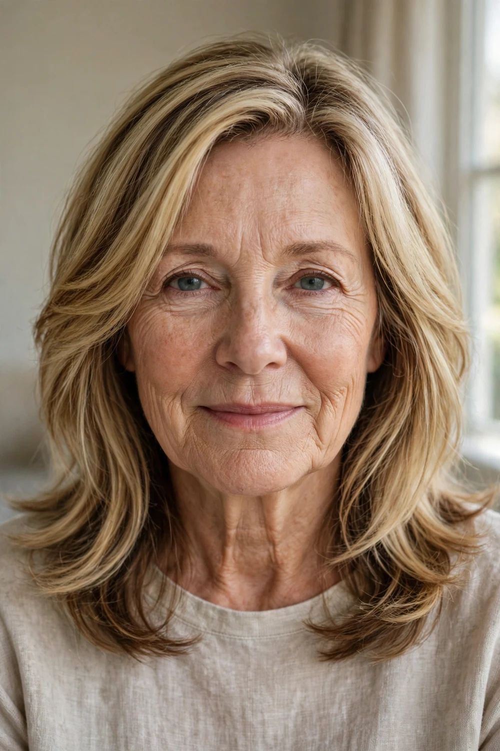 Woman over 50 with blonde layered hair and brown lowlights