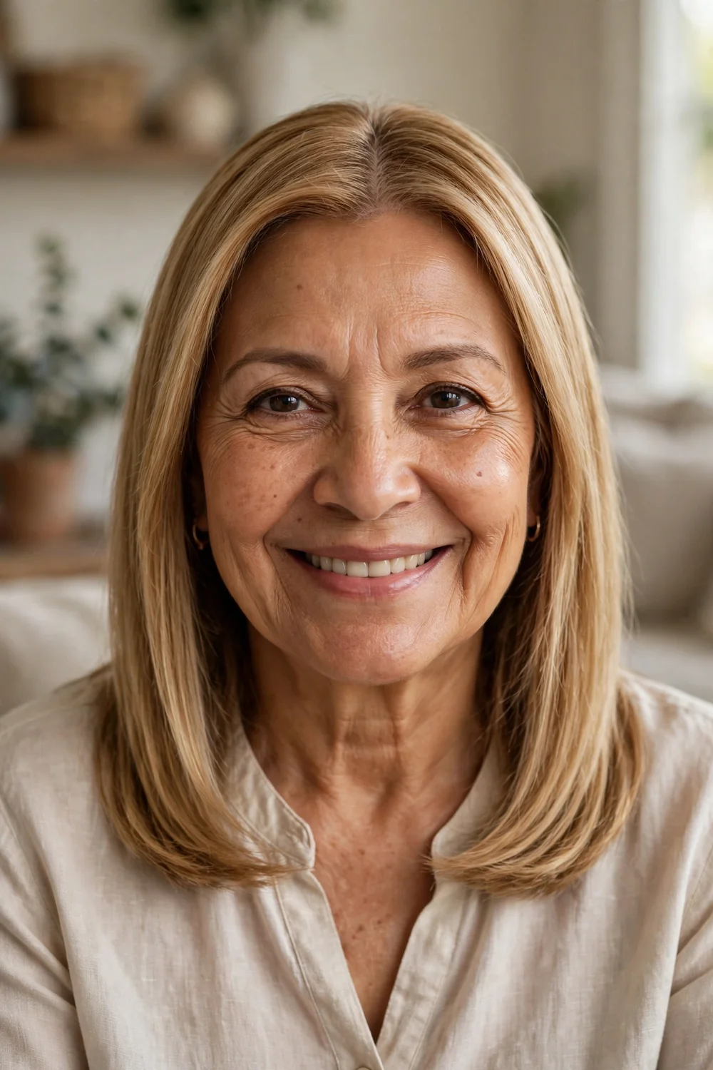 63-year-old Latina woman with blonde smooth lob haircut