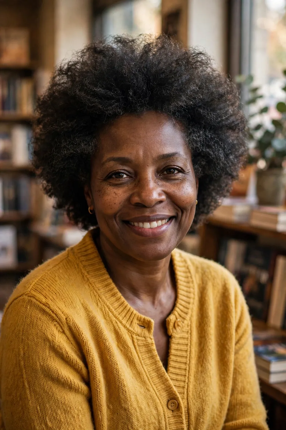 Black woman with a blown-out short afro, soft full volume