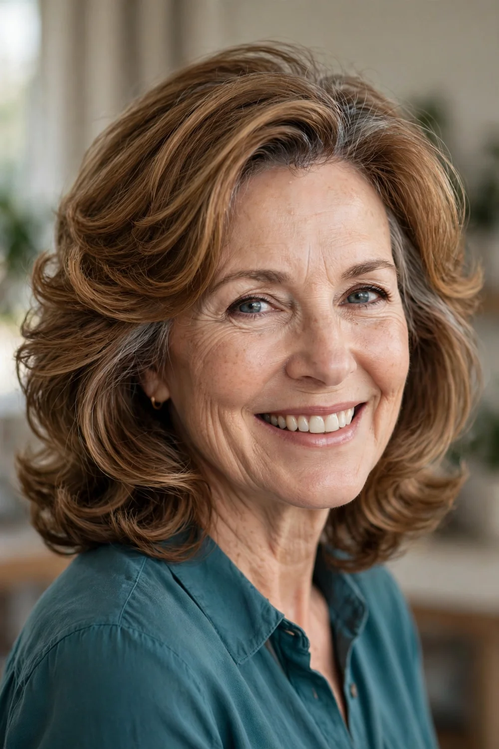 65-year-old South Asian woman with dark classic blowout and face-framing layers