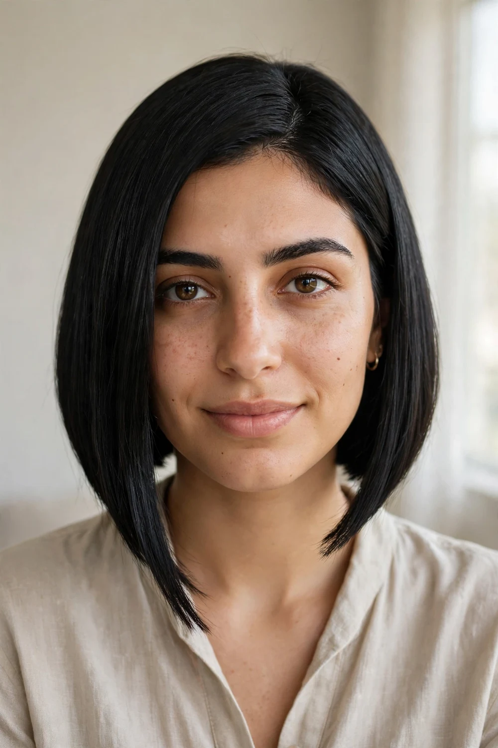 Blunt angled bob on a woman with a round face, sharp straight-cut jet black ends
