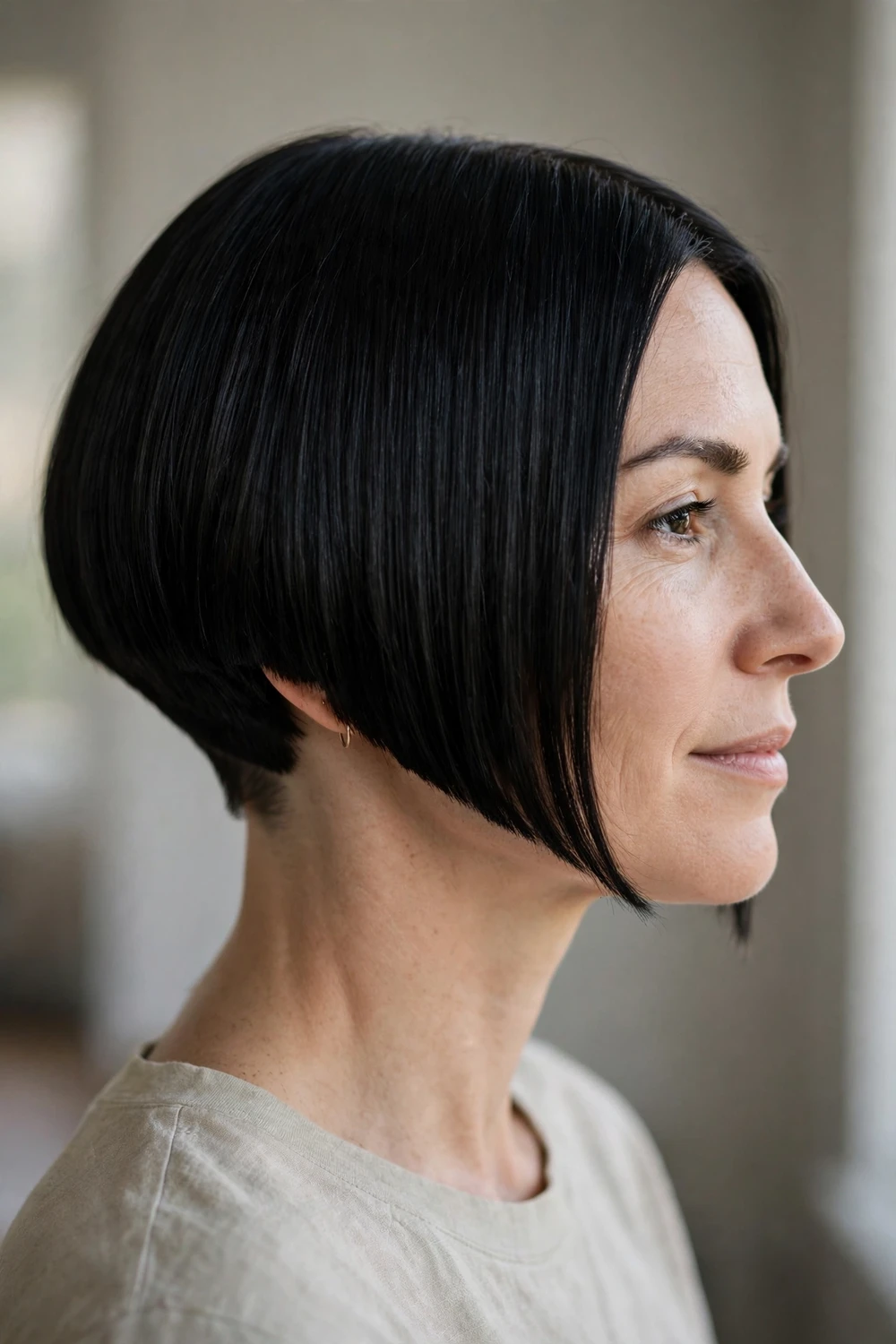 Blunt angled bob with sharp clean-cut ends and forward slope