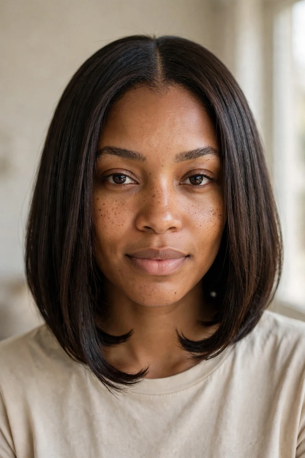 Black woman with blunt asymmetrical lob, center part, ends falling just past the chin