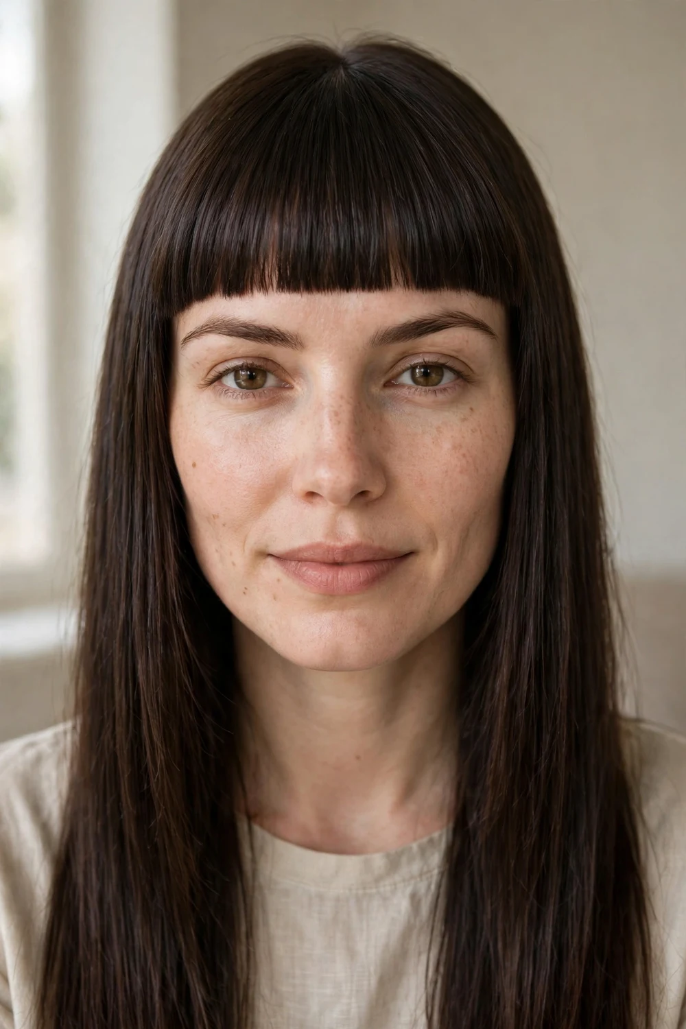 Woman with classic straight-across blunt bangs cut at brow level on long dark brown hair