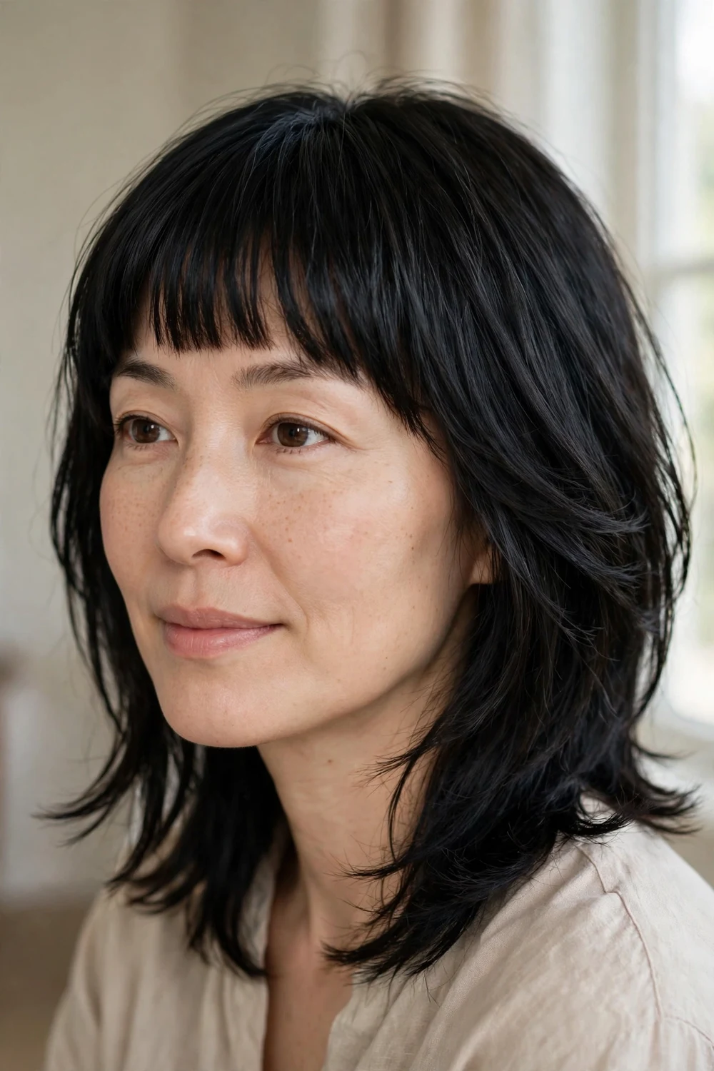 Woman with layered blunt bangs on medium-length black hair, fringe ends softly layered