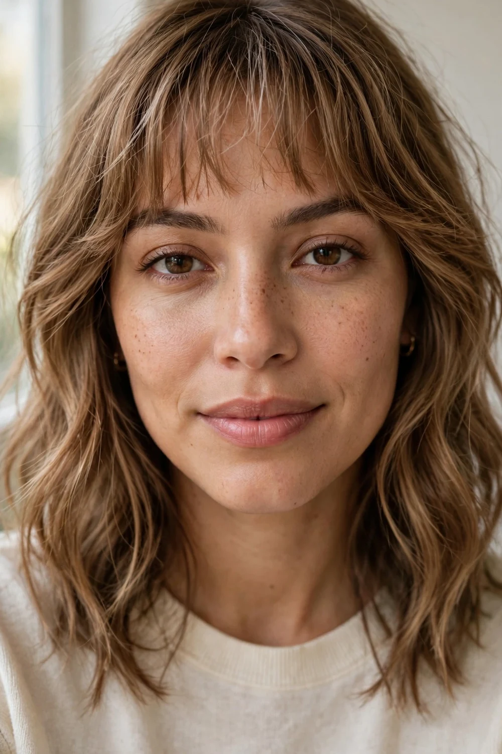 Young woman with wispy blunt bangs, feathered edges on wavy light brown hair