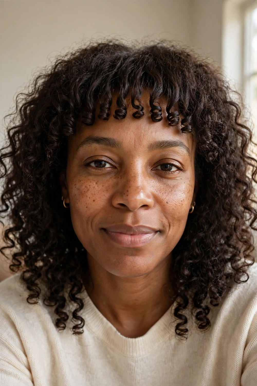 Woman with curly blunt bangs cut above the brow on natural dark brown curls