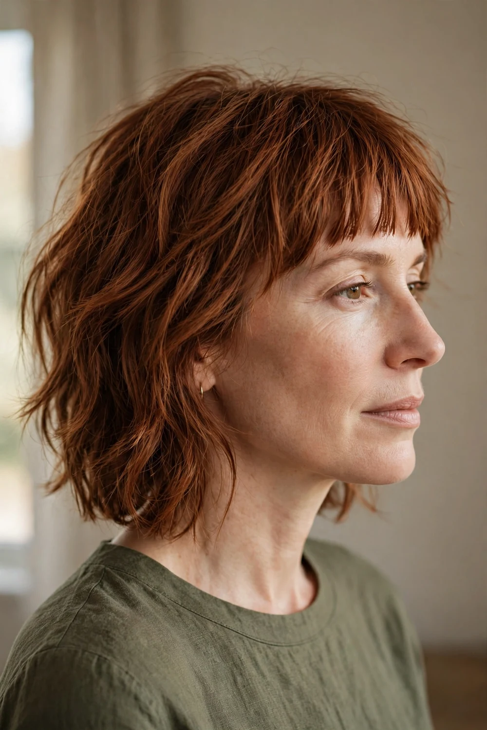Woman with textured blunt bangs, piecey straight-across fringe on tousled auburn hair