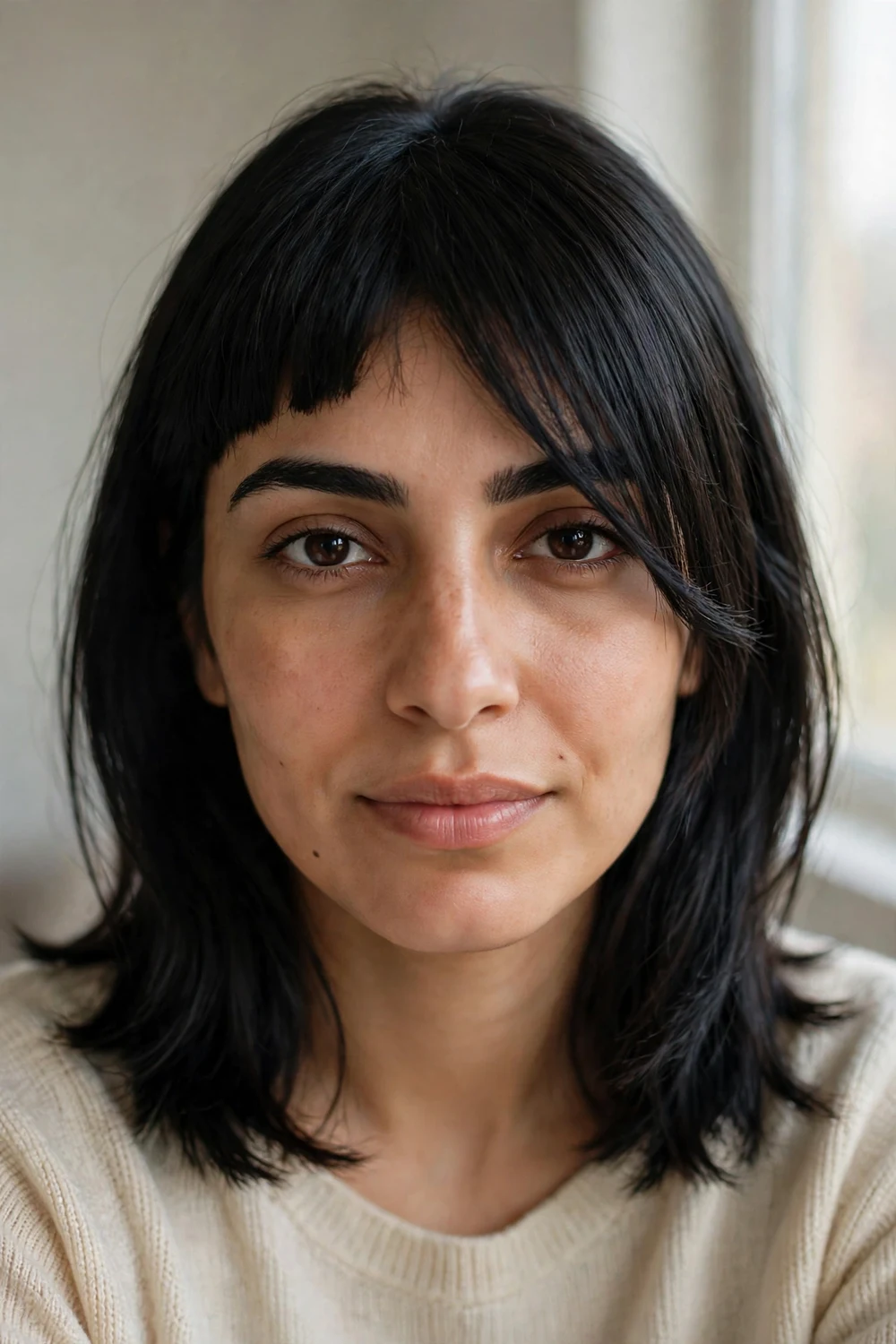 Woman with asymmetrical blunt bangs, fringe shorter on one side, sleek black bob