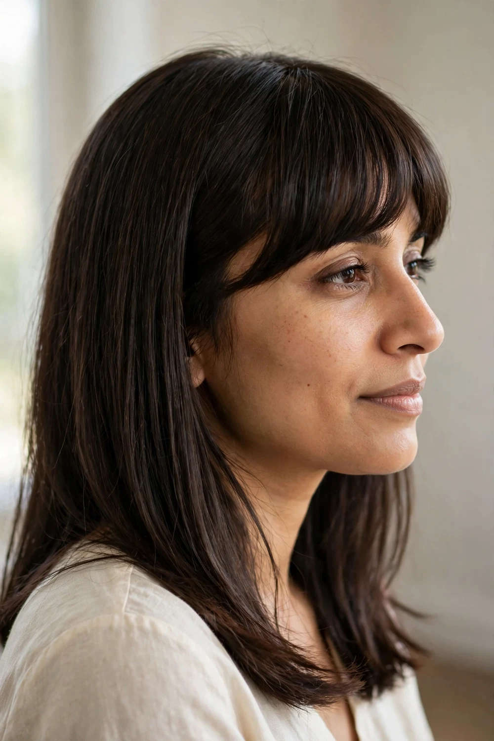 Woman with side-swept blunt bangs brushed to one side on straight dark brown hair