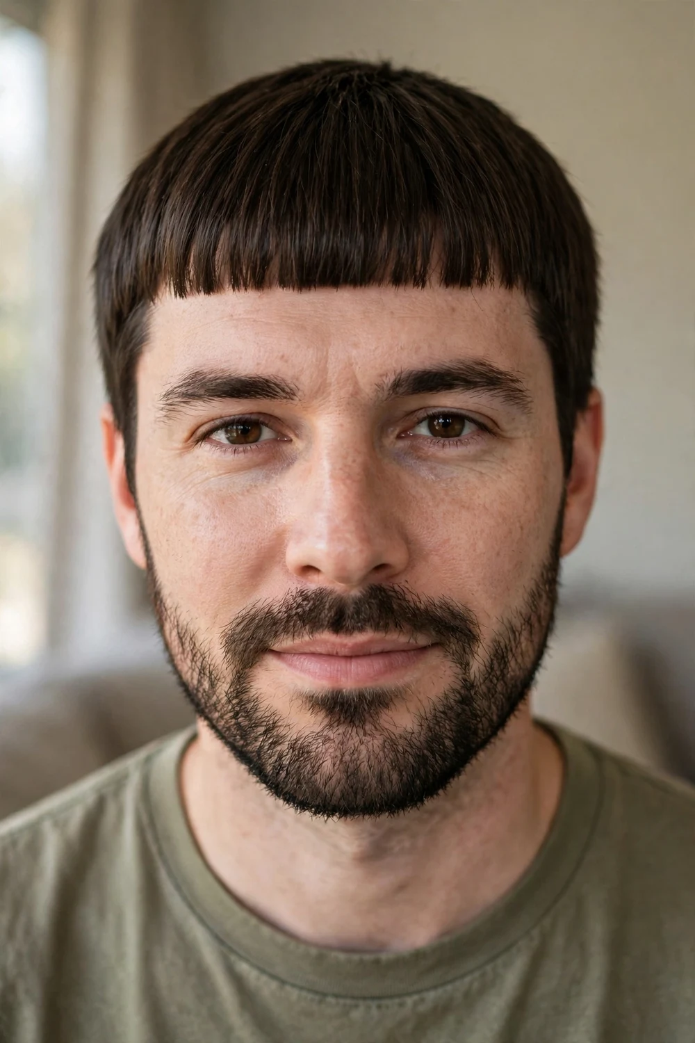 Man with blunt bangs and a groomed beard, straight dark brown hair