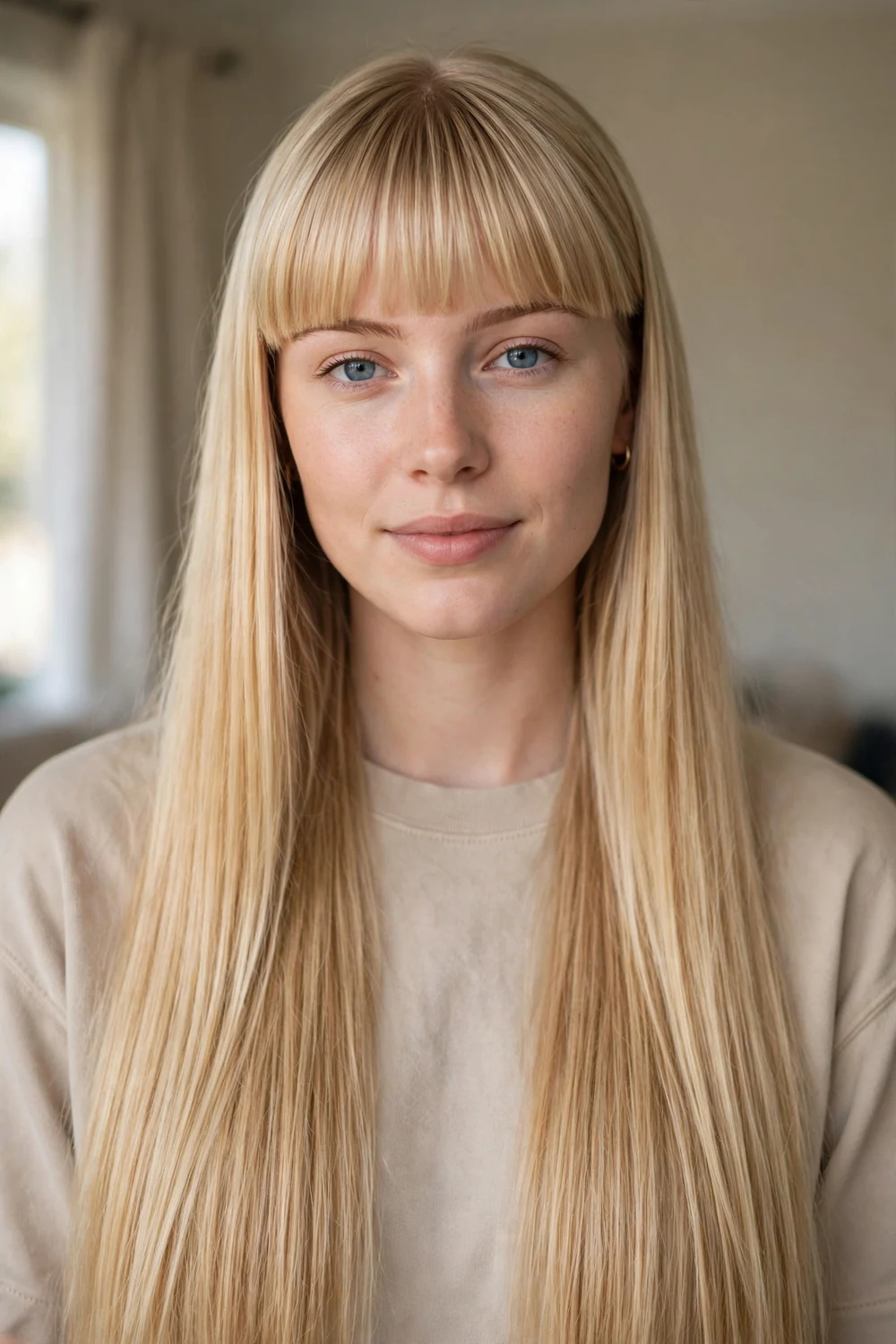 Woman with blunt bangs and very long straight blonde hair