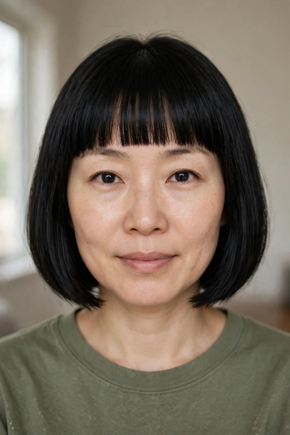 Woman with a chin-length black bob and blunt bangs