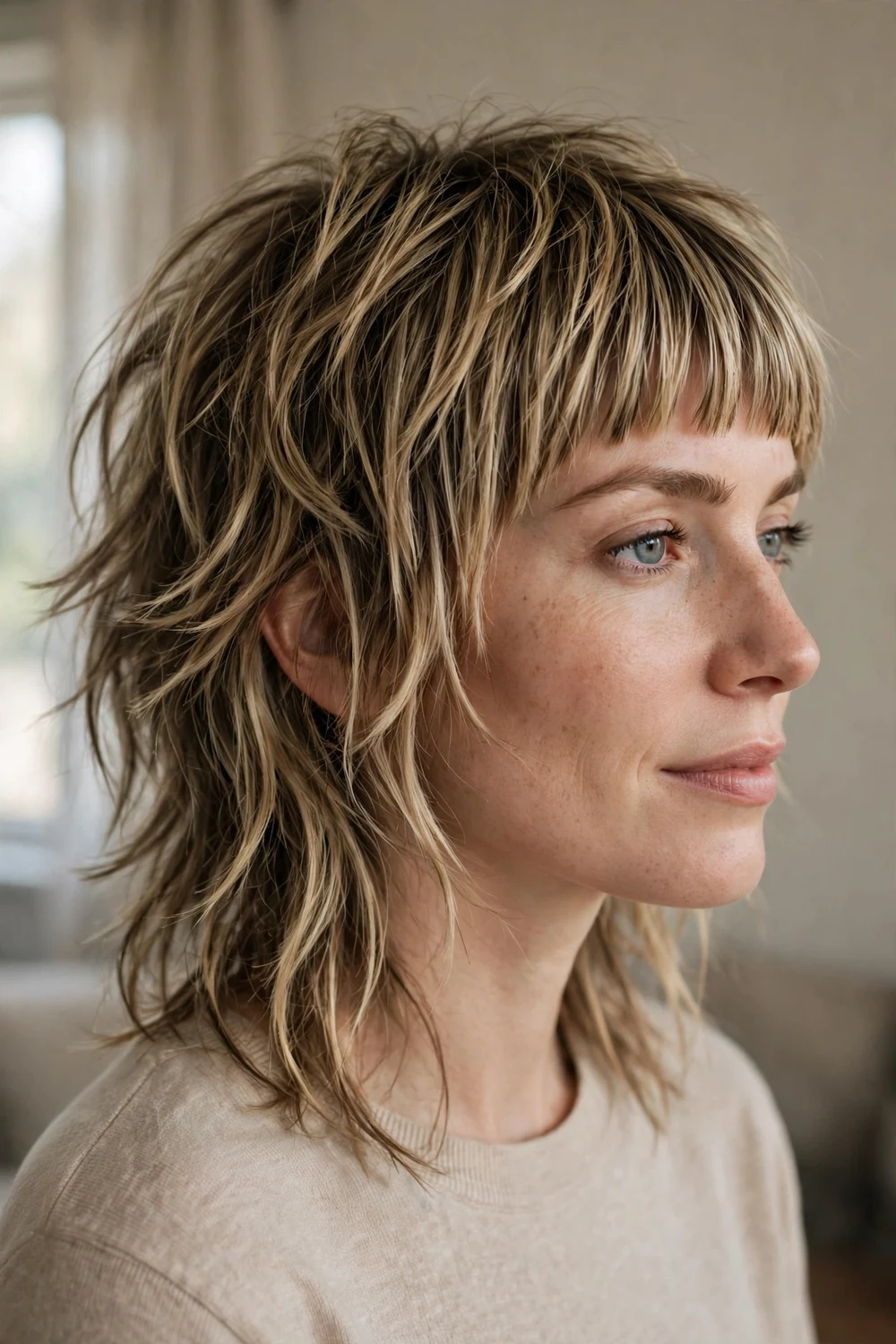 Woman with a shaggy layered haircut and blunt bangs, dark blonde tousled hair