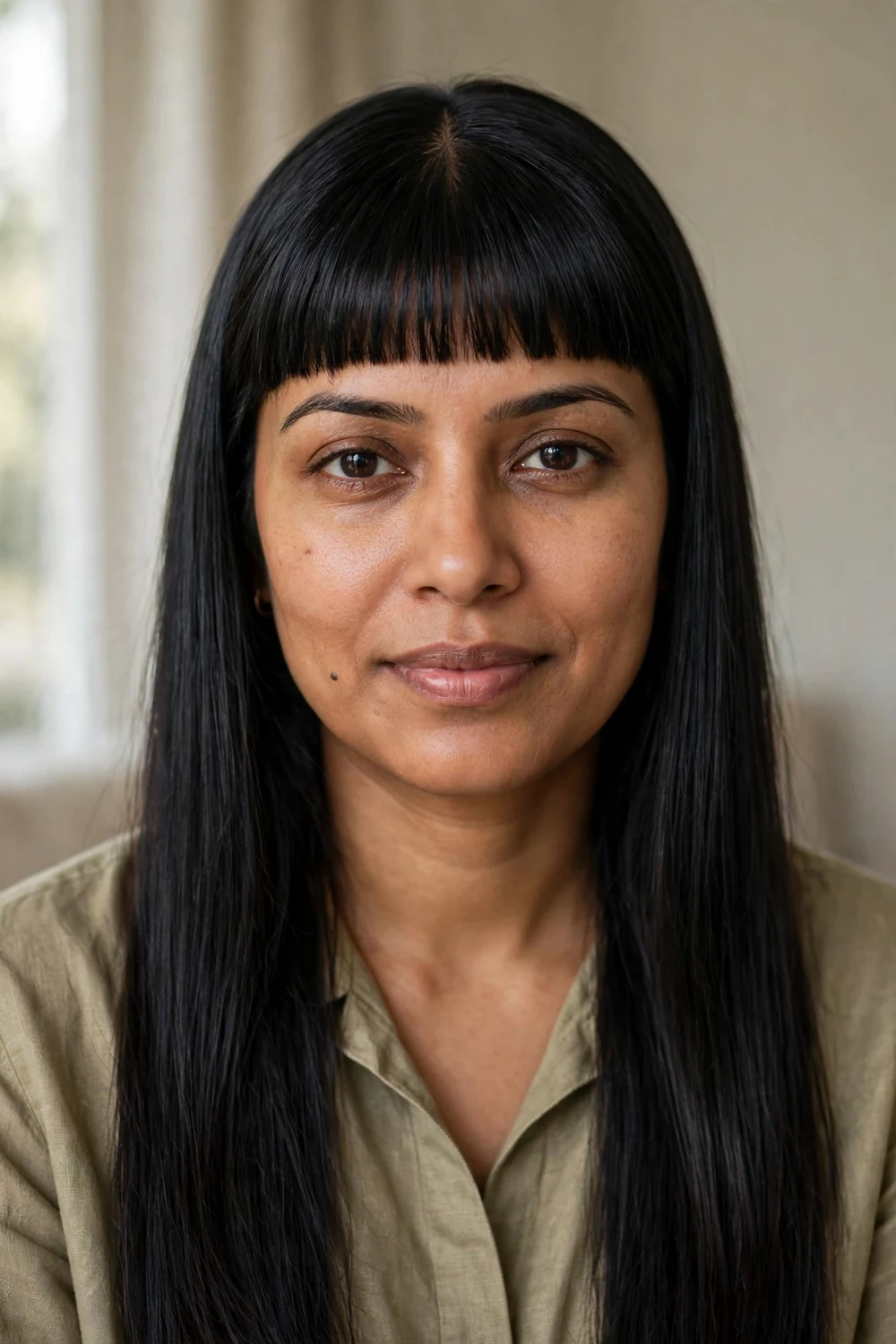 Woman with a center part, long black hair and blunt bangs