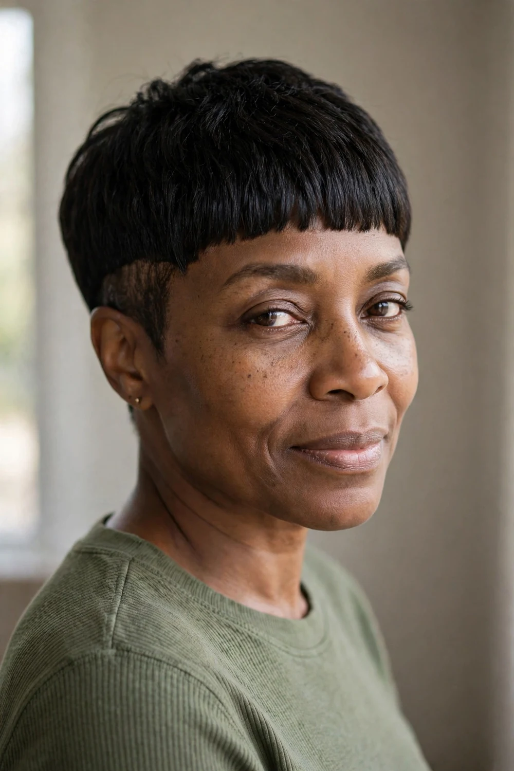 Woman with a short pixie cut and blunt bangs, three-quarter view