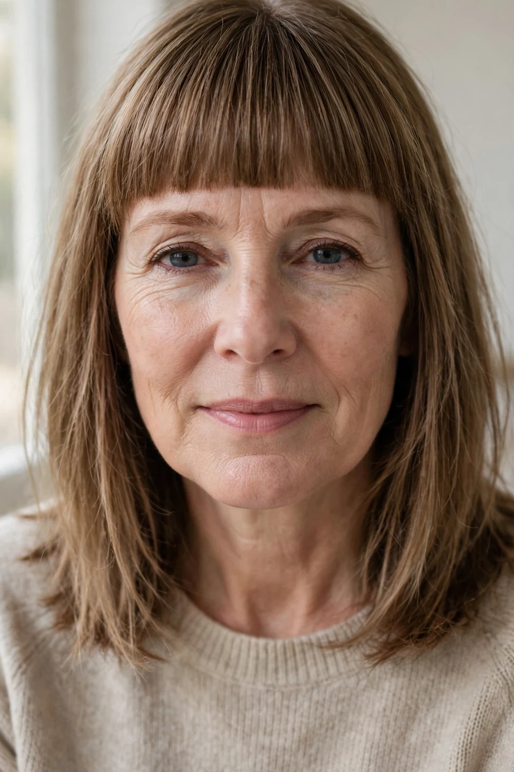 Woman with fine light brown hair and blunt bangs, fringe adding fullness at the front