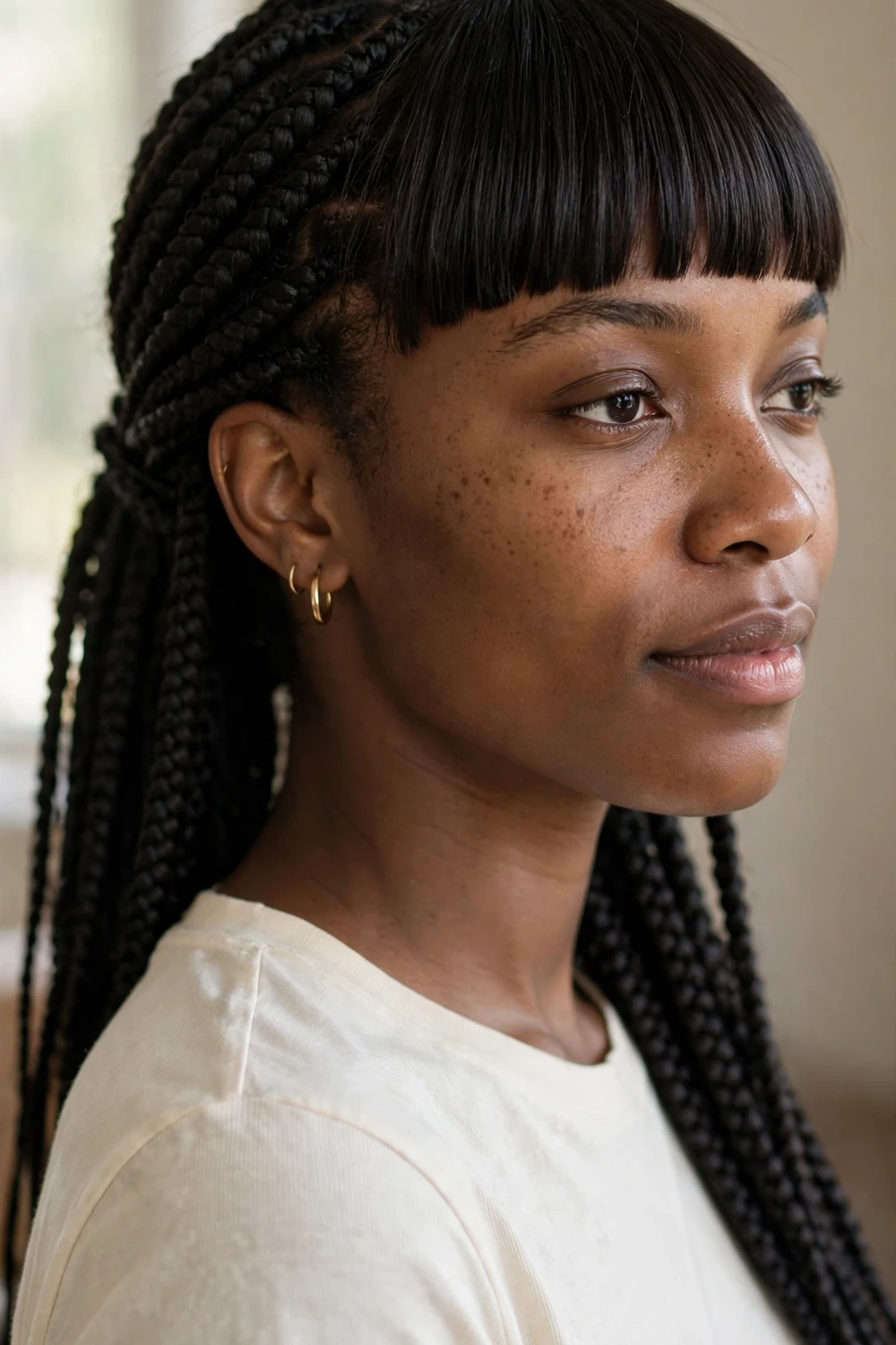 Woman with braided hair and blunt bangs, fringe worn straight with accent braids