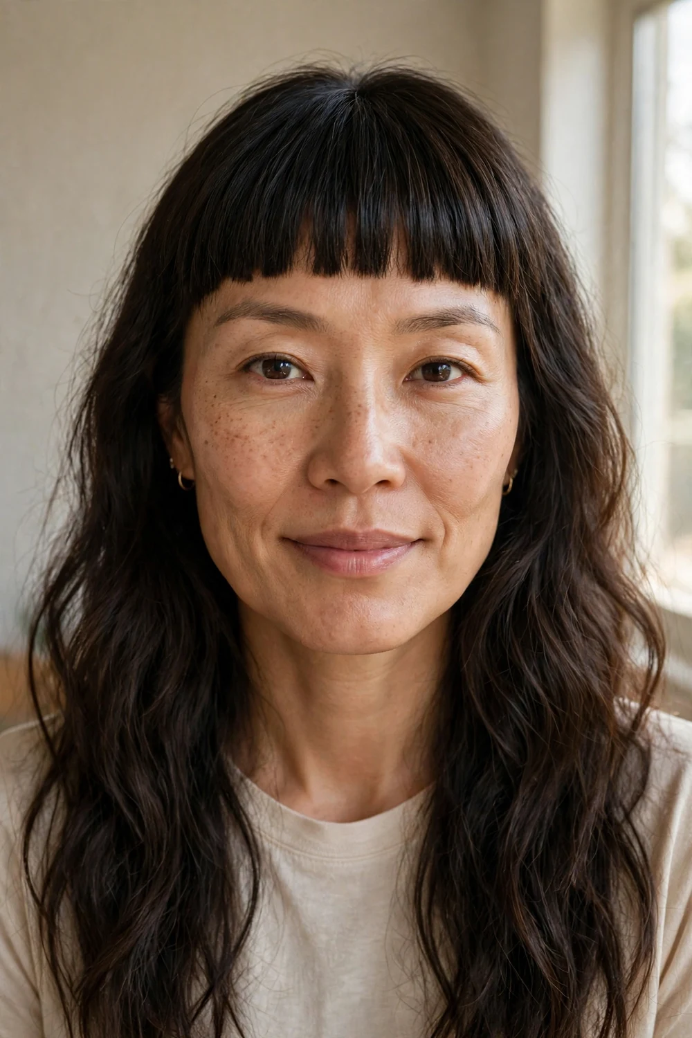 Woman with a square face shape wearing blunt bangs and long wavy dark brown hair