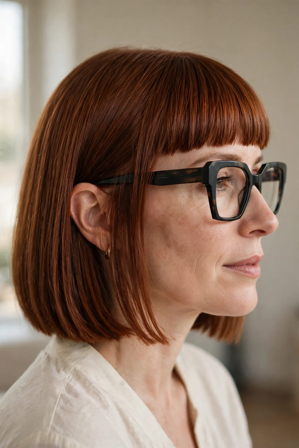Woman with a jaw-length blunt haircut and matching blunt bangs, auburn hair side view