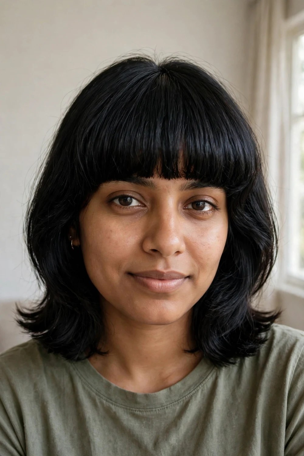 Woman with deep-set heavy blunt bangs on a black shoulder-length lob