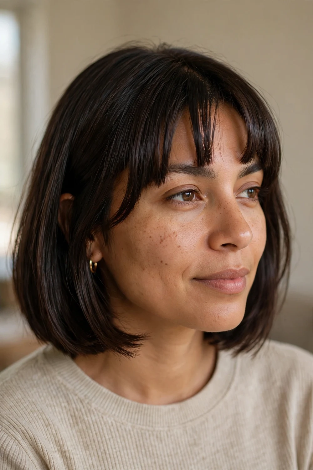 Woman with blunt window bangs, fringe open in the center with straight-across pieces on each side
