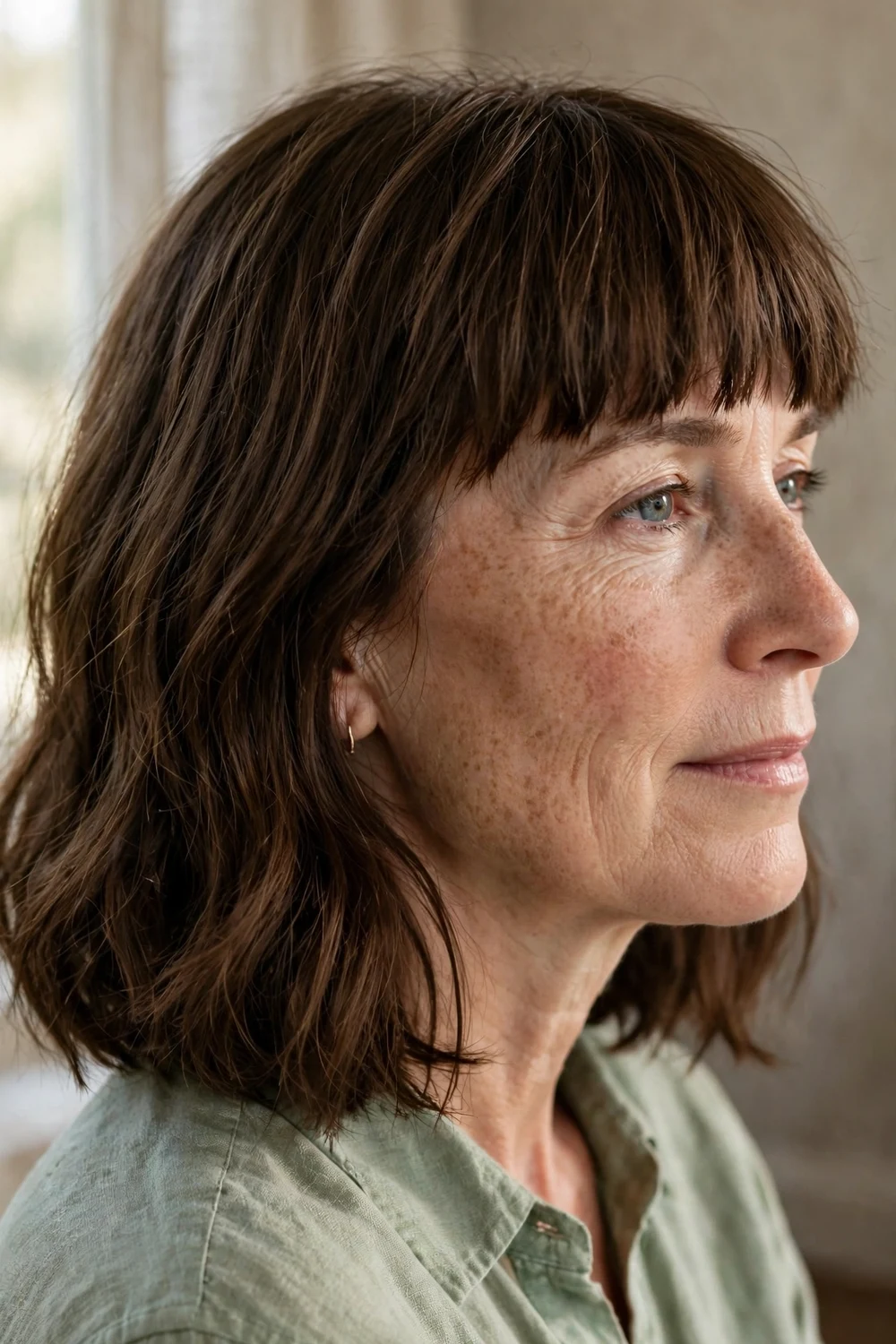 Woman with a brown long bob and heavy point-cut blunt fringe grazing the eyebrows