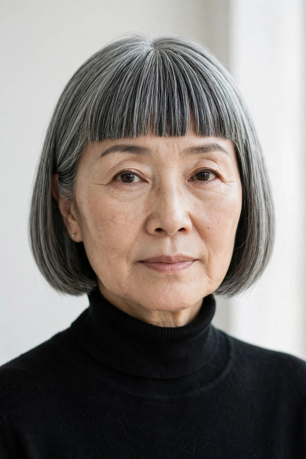 East Asian woman in her mid 60s with gray blunt bangs and a sleek bob