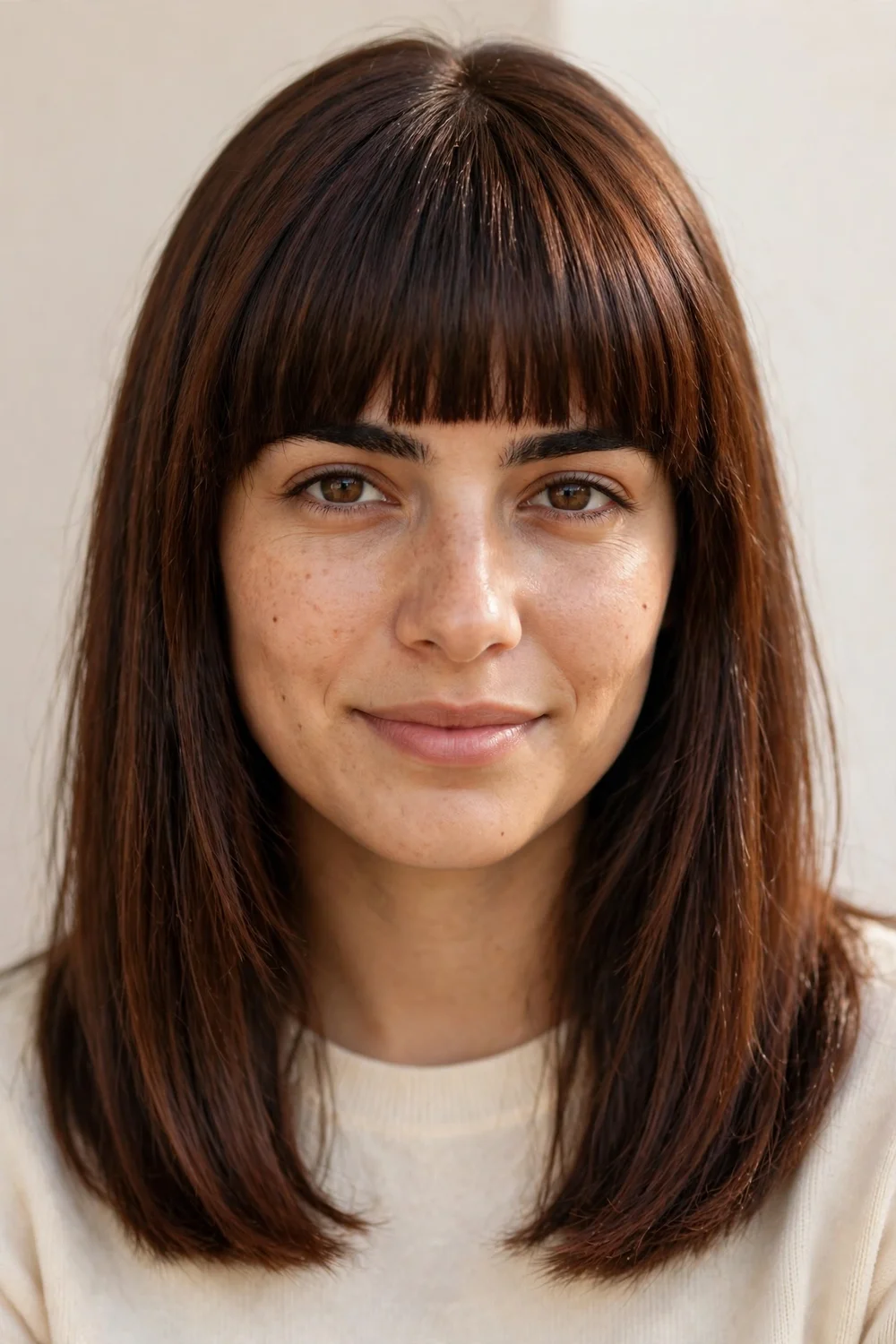 Woman with blunt bangs cut straight across at brow level