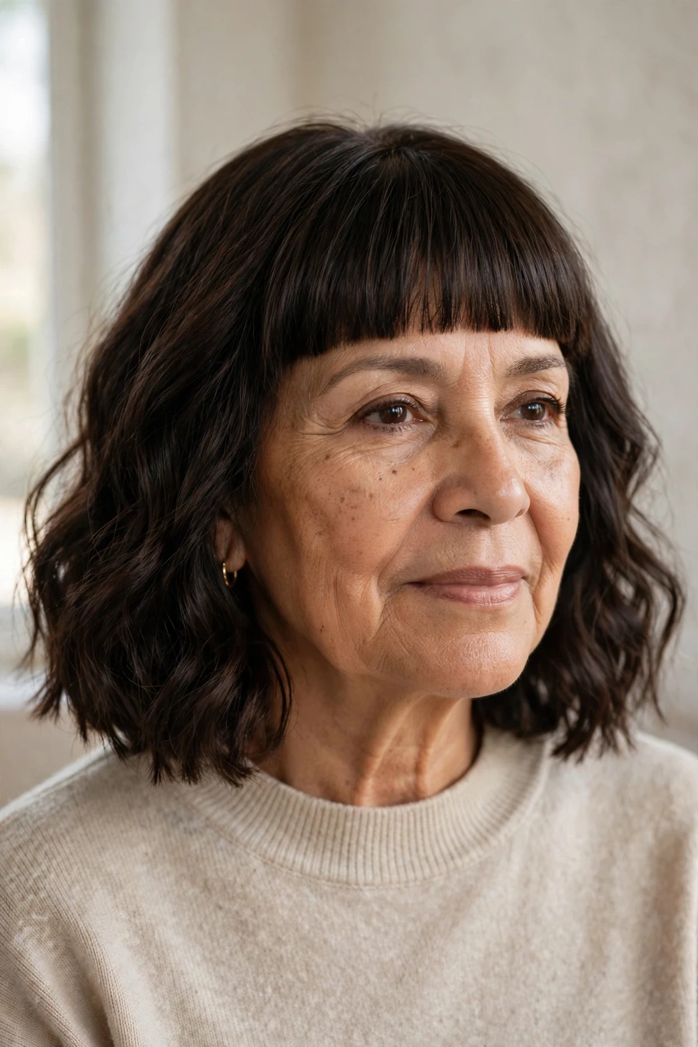 Blunt bob with straight bangs and beachy waves on a woman over 60