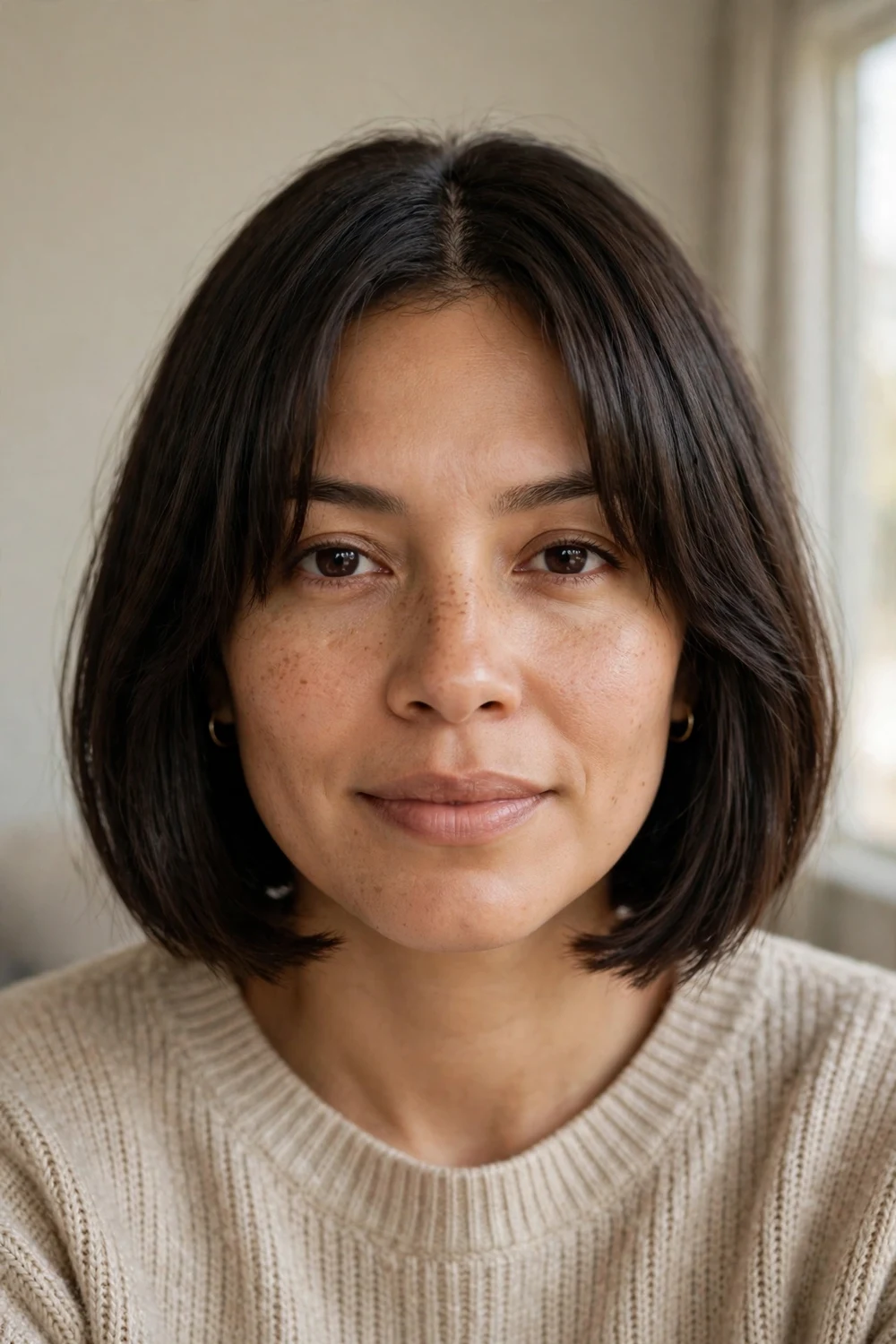 Blunt bob with curtain bangs on thin hair
