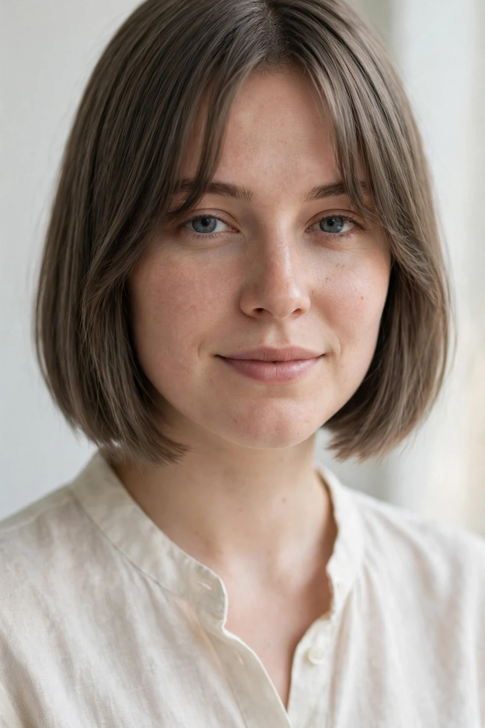 Woman with oblong face wearing a blunt short bob with curtain bangs parted in the middle