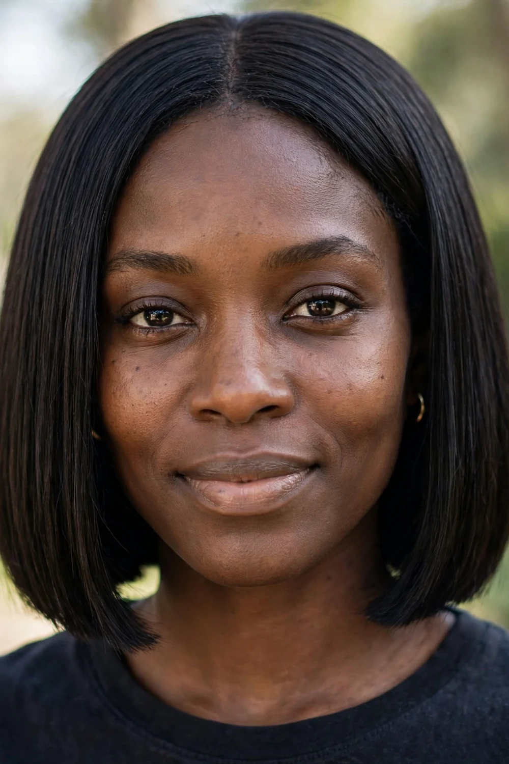 Woman with a blunt jaw-length bob with a sharp straight edge