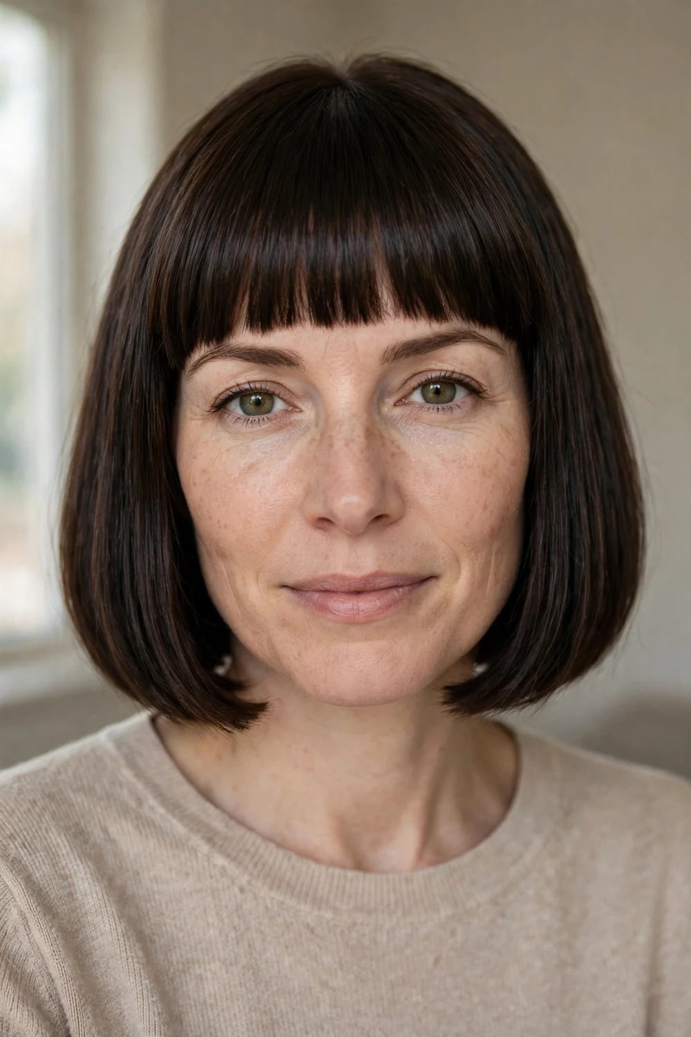 Classic blunt bob with straight-across bangs on thin hair