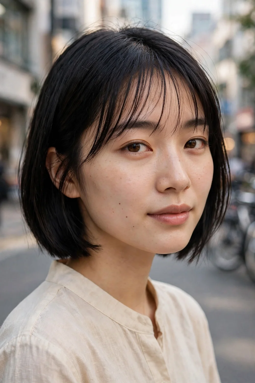 Woman with a blunt bob haircut and wispy bangs for thin hair