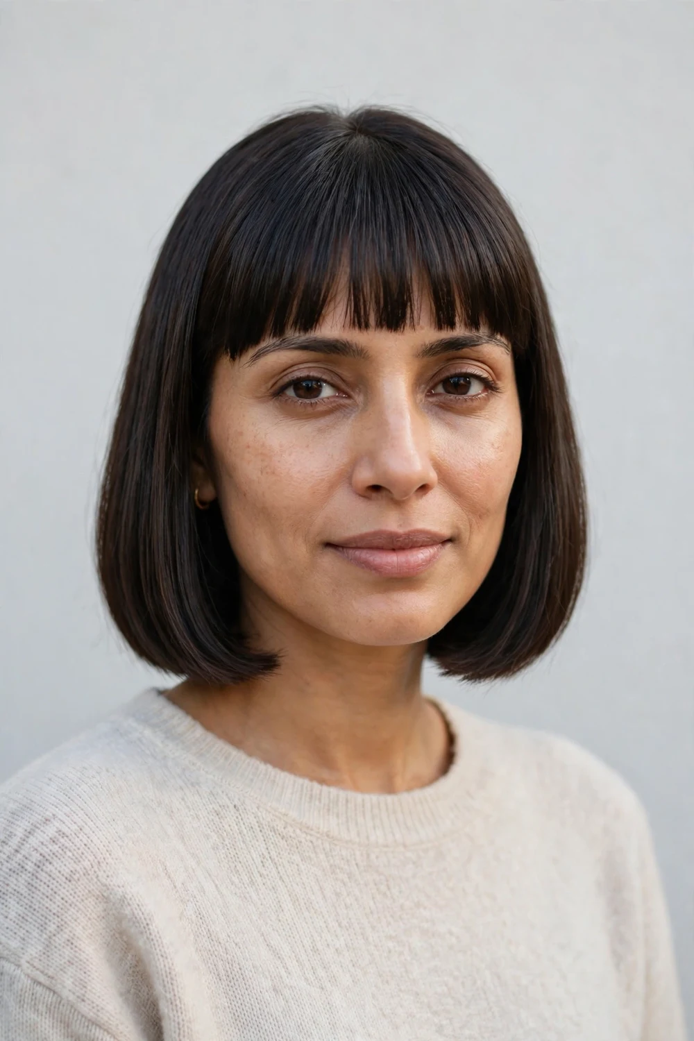 Woman with oblong face wearing a blunt chin-length bob with full straight-across bangs