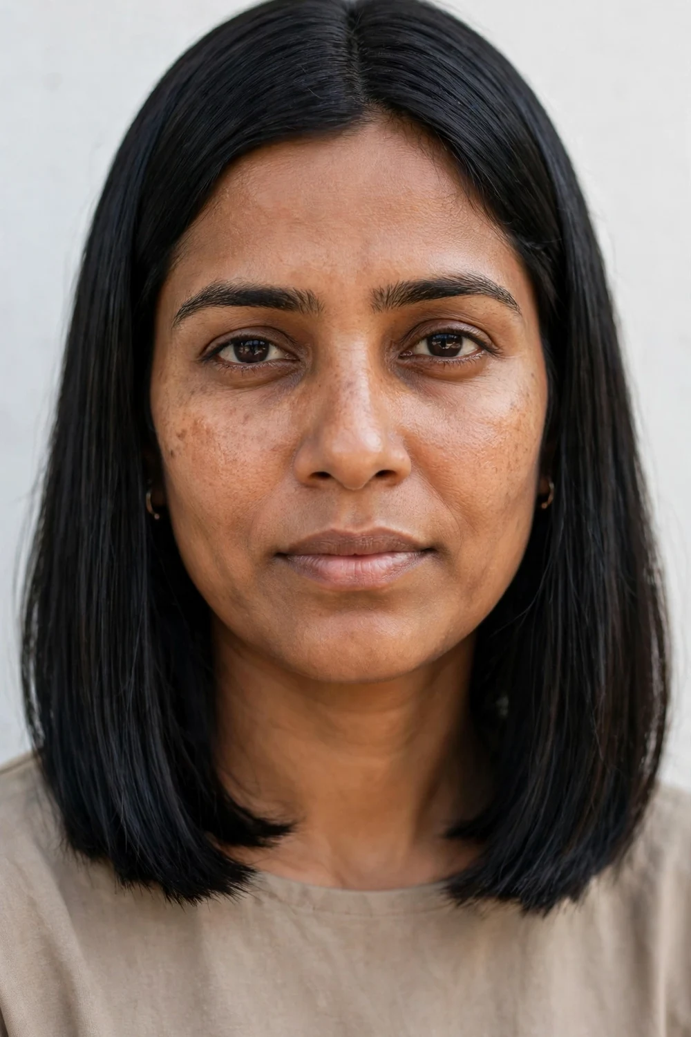 Woman with a blunt cut on straight hair, heavy even perimeter hitting just below the jaw