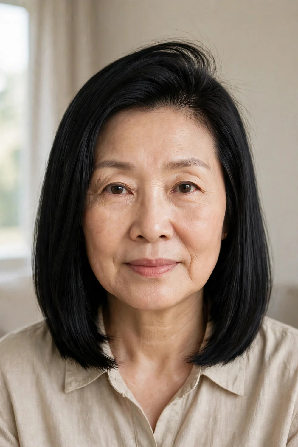 58-year-old East Asian woman with straight black blunt lob and deep side part, front view