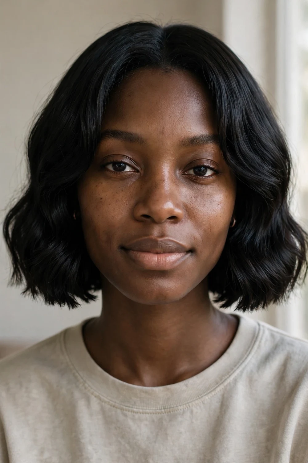 Woman with a blunt-edge wavy bob haircut