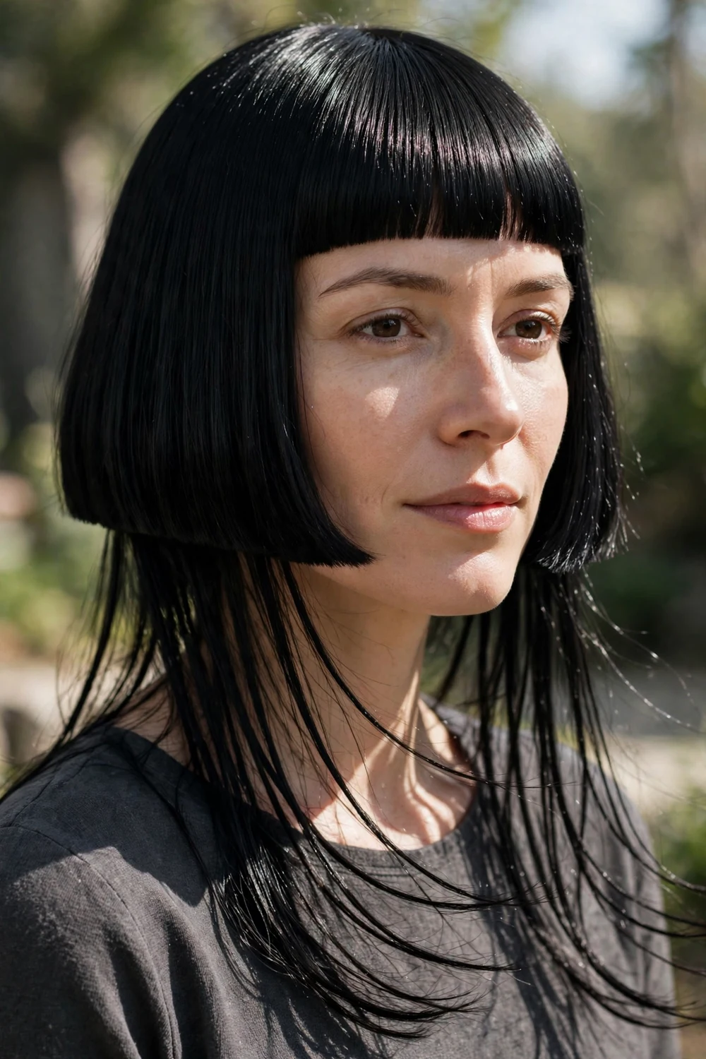 Woman with a blunt jellyfish haircut with sharp top edge