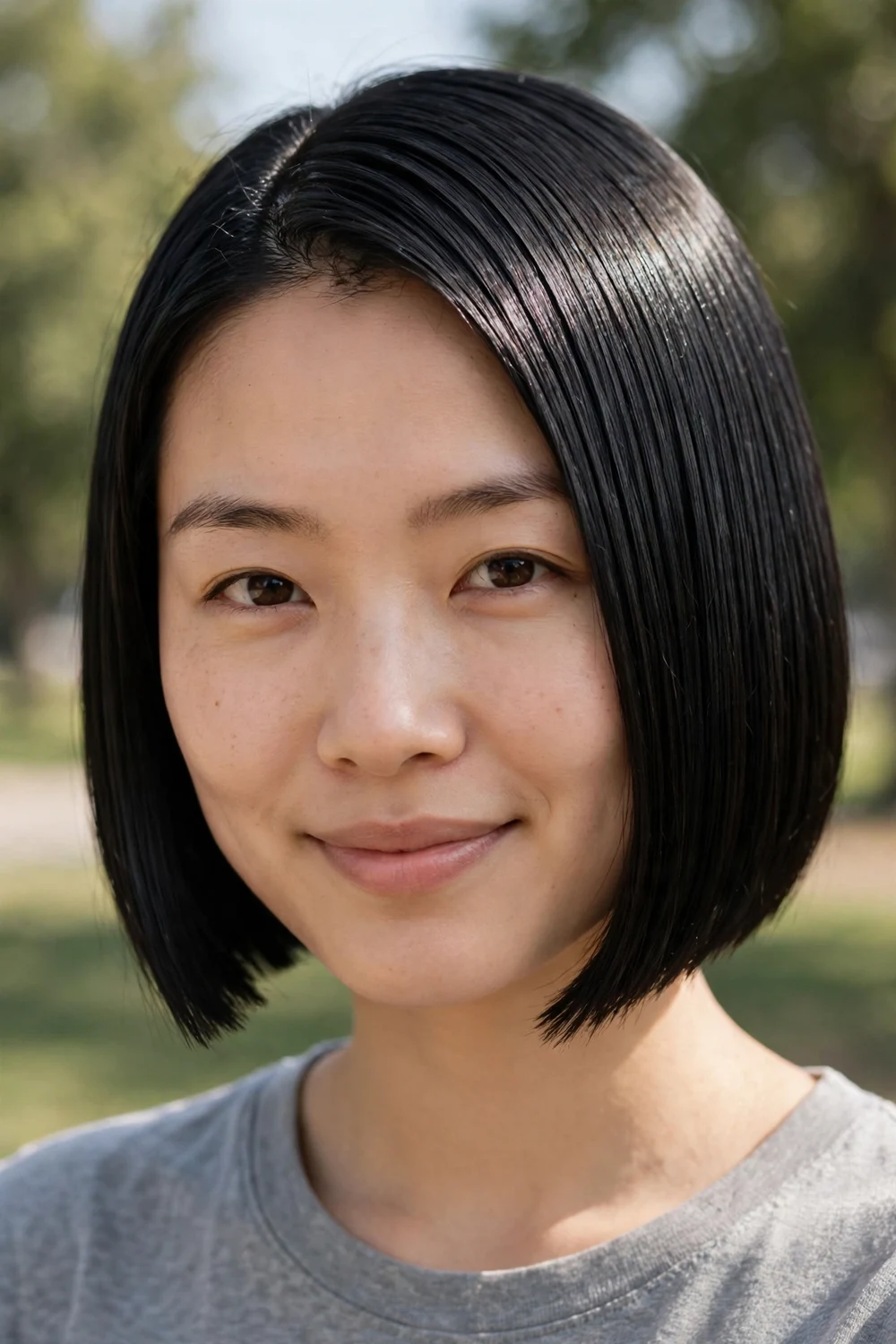 Woman with a blunt micro bob haircut with a sharp straight edge