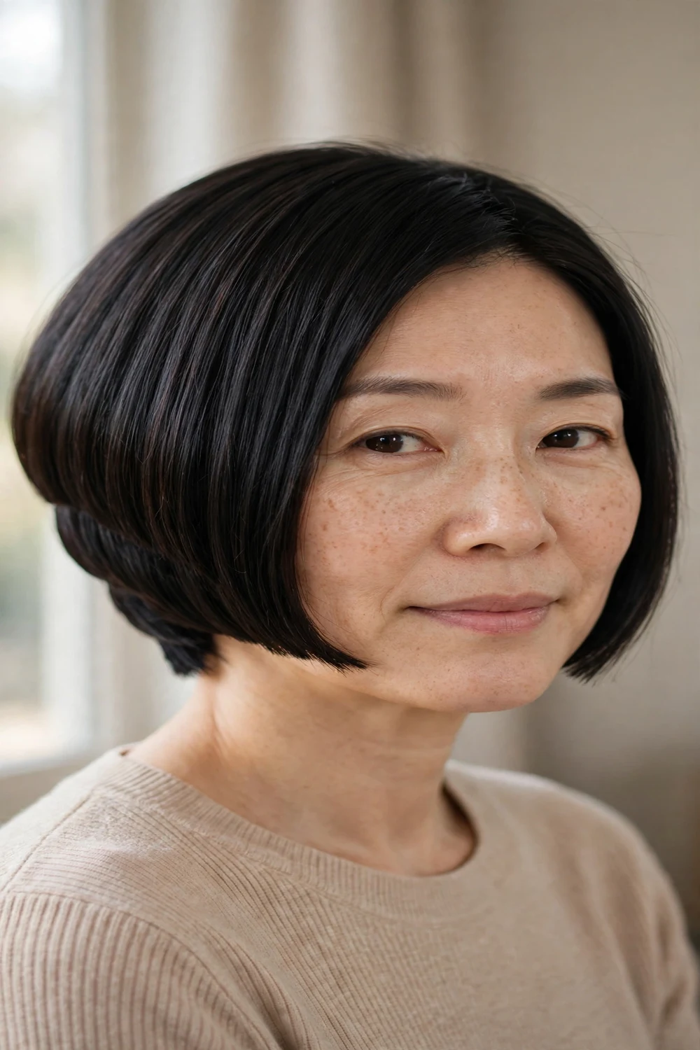 Precision-cut stacked bob with blunt ends and sleek finish