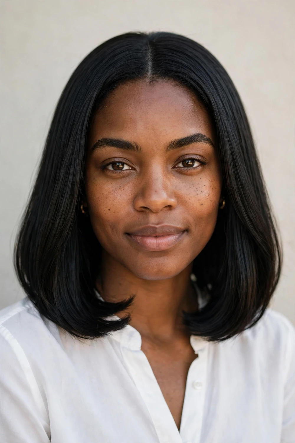 Woman with oval face and a blunt shoulder-length haircut with softened ends