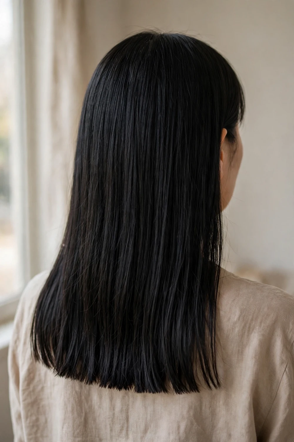 Woman with long straight black hair with a blunt cut and subtle hidden layers, back view