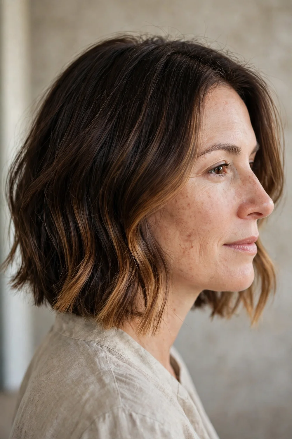 Woman with dark brown chin-length tousled bob and caramel balayage tips