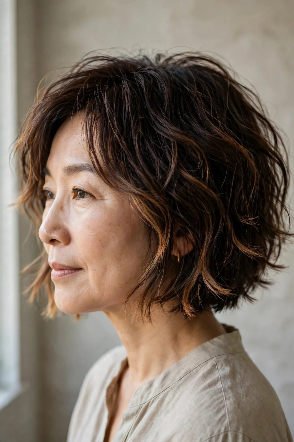 Woman with textured dark brown bob and hidden warm balayage at the tips