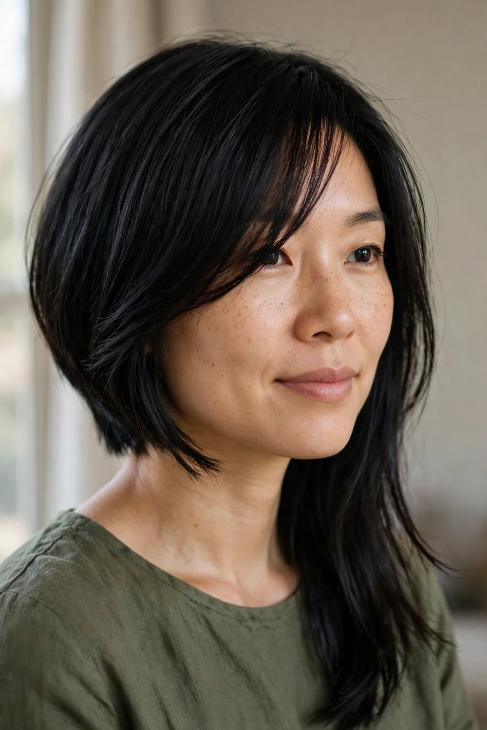 Asymmetrical bob with long bangs, one side longer